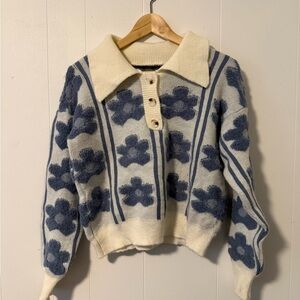 Daisy Knit Sweater - Cream and Blue